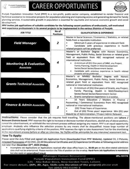 Punjab Population Innovation Fund (PPIF) Jobs
