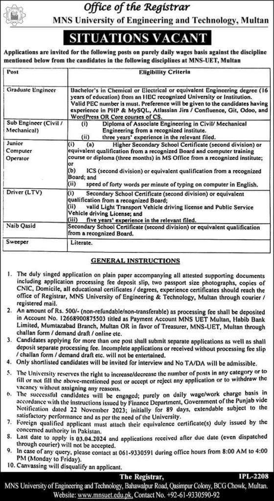 MNS University Of Engineering & Technology Jobs