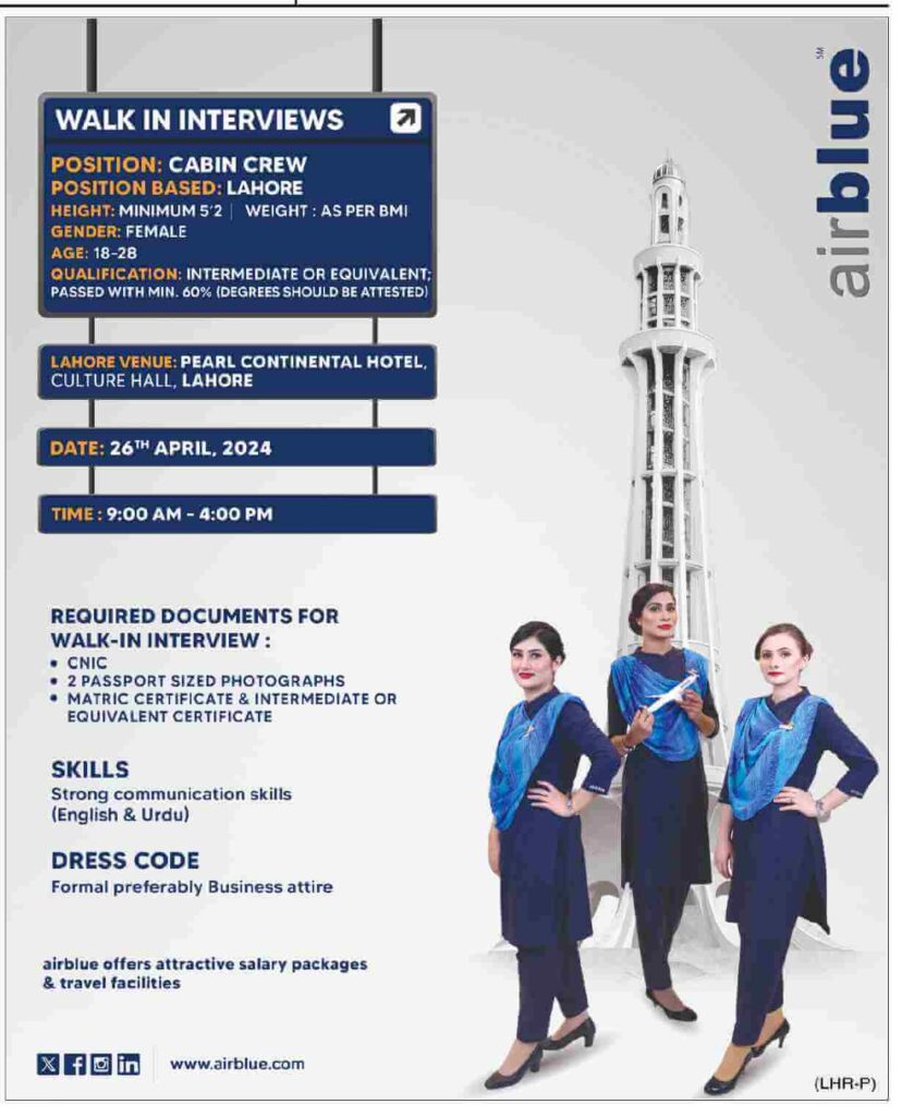 Air Blue Female Cabin Crew Jobs