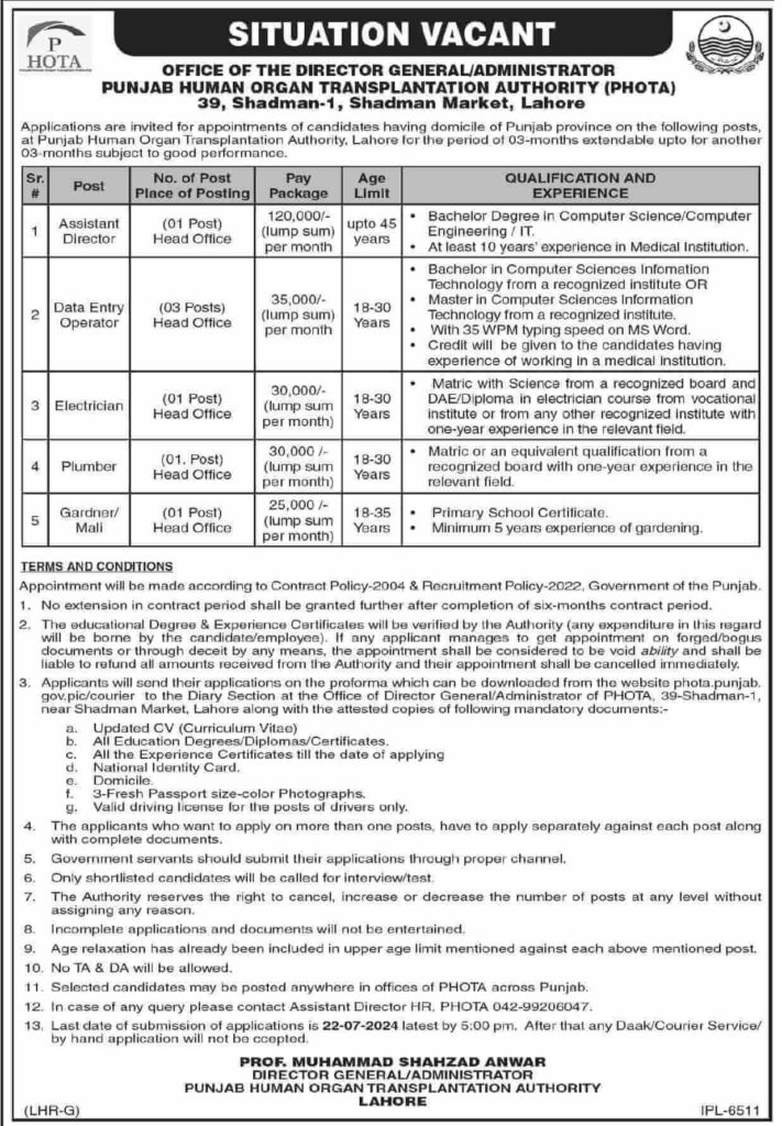 Punjab Human Organ Transplantation Authority Jobs