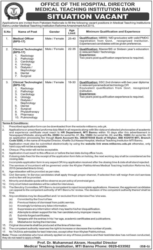 Medical Teaching Institution Bannu Jobs