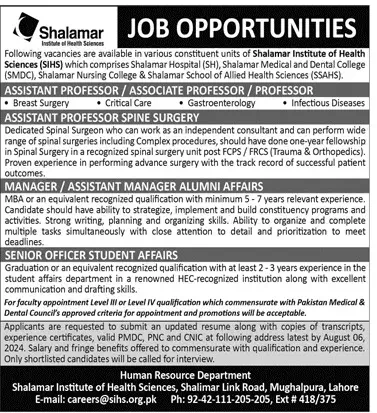 Shalamar Institute of Health Sciences Jobs