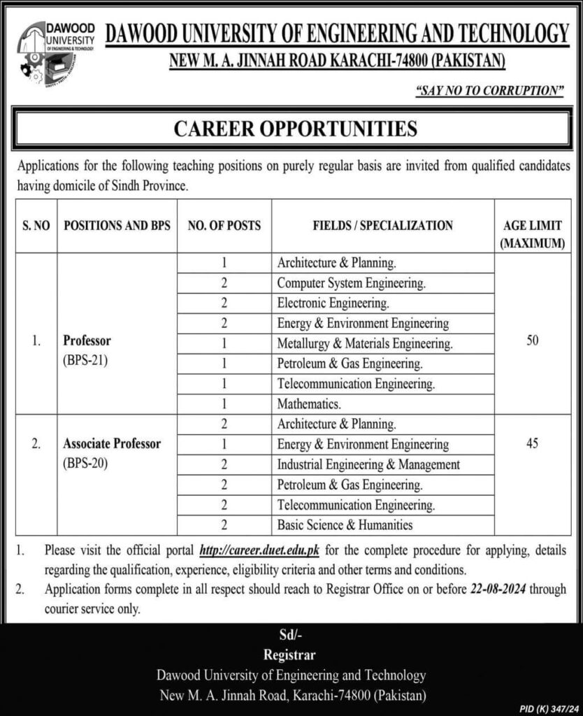 Dawood University Of Engineering & Technology Jobs