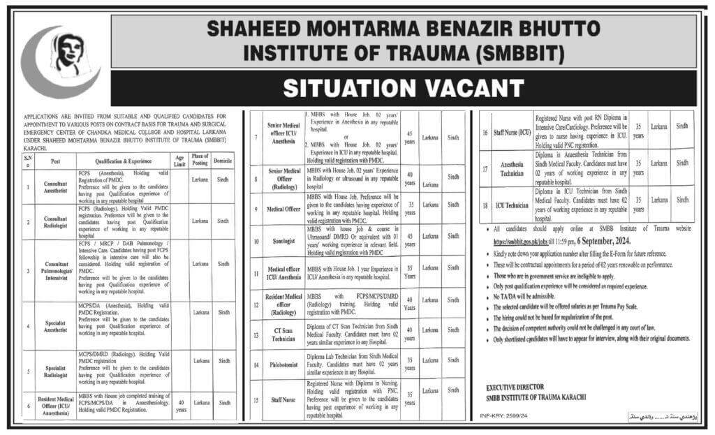 Benazir Bhutto Institute Of Trauma Jobs